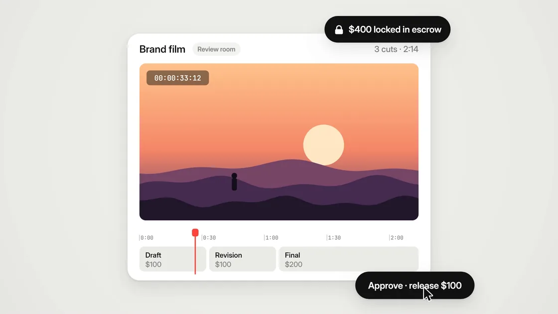 Frame from CutPay — launch film: the review room with an escrow lock and an approve button