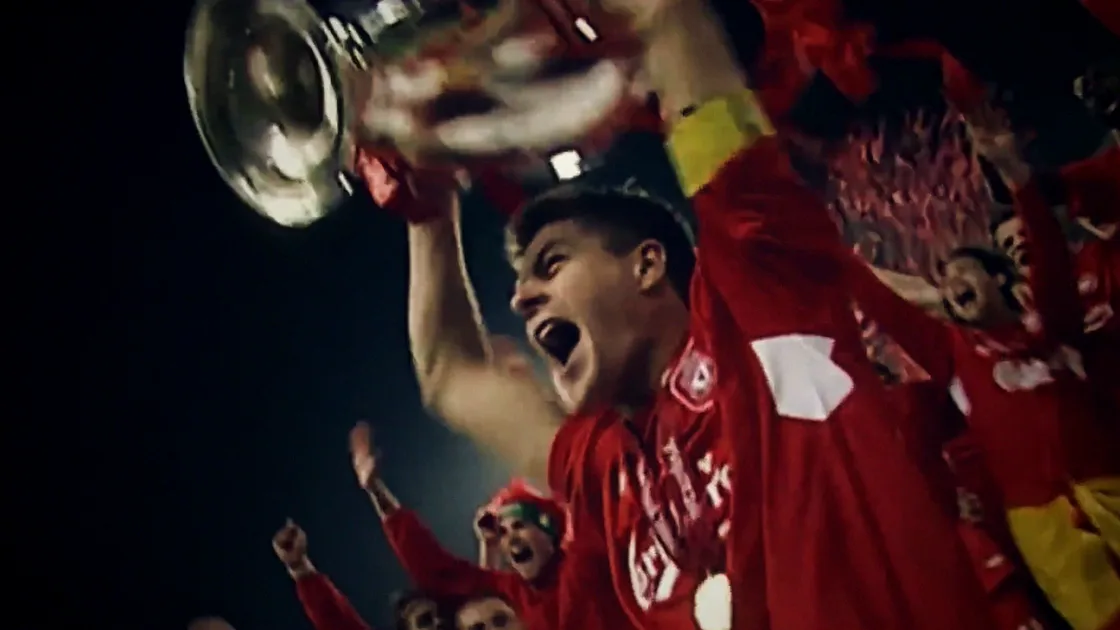 Frame from Liverpool — the Istanbul comeback: Steven Gerrard lifting the Champions League trophy