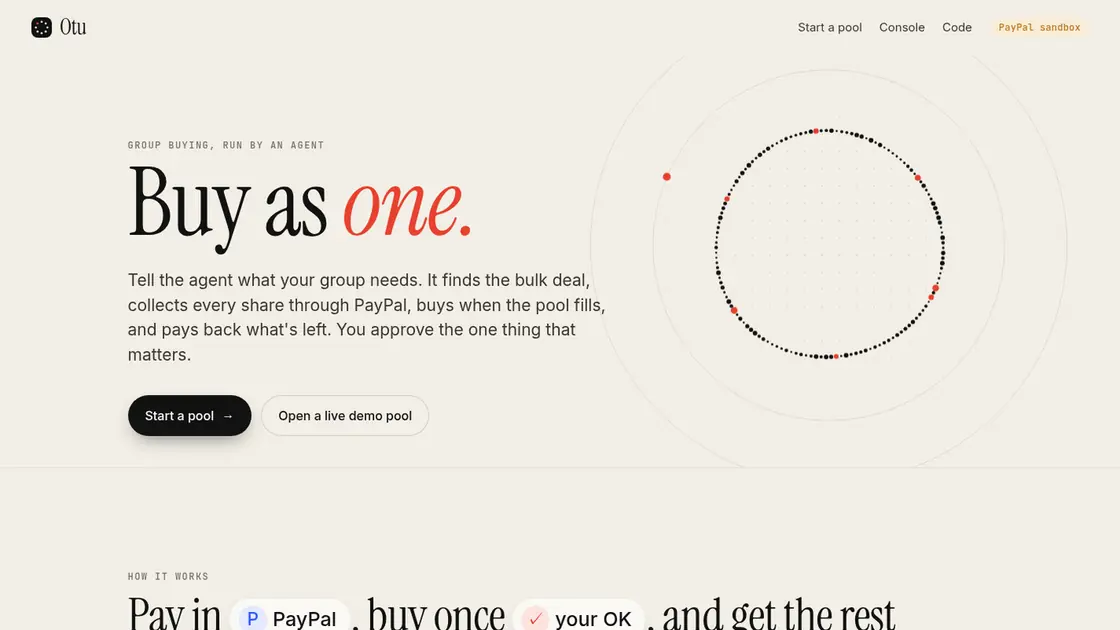 Screenshot of the Otu homepage: buy as one